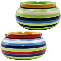 com-four® 2X ceniceros de Viento de cerámica en Verde y Naranja- Cada uno con Rayas de Colores (002 Piezas - Mix1)